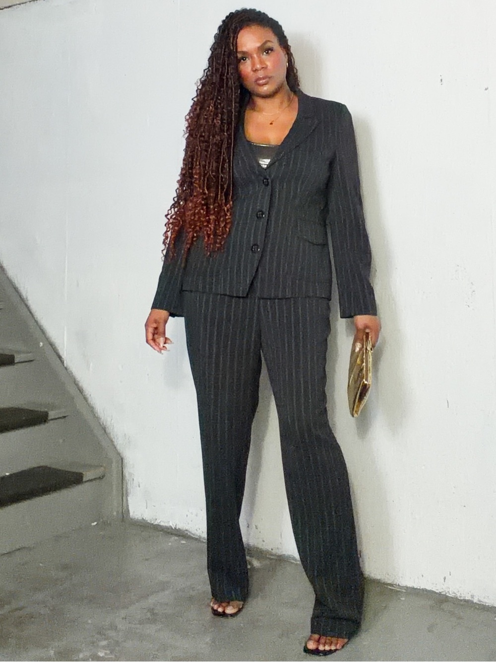 Eric Alexander Pinstripe Tailored Pantsuit - Black/Gray, 44 fits 12–14